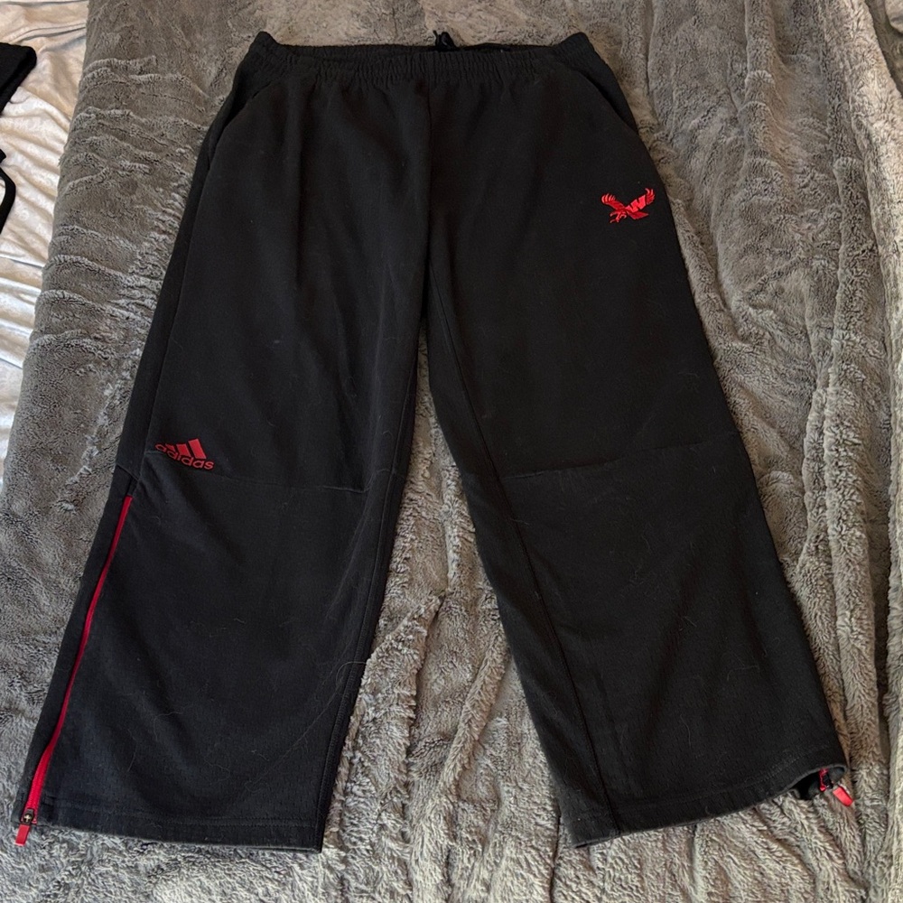 adidas Black Sweatpants with Red Logos and Side Zip